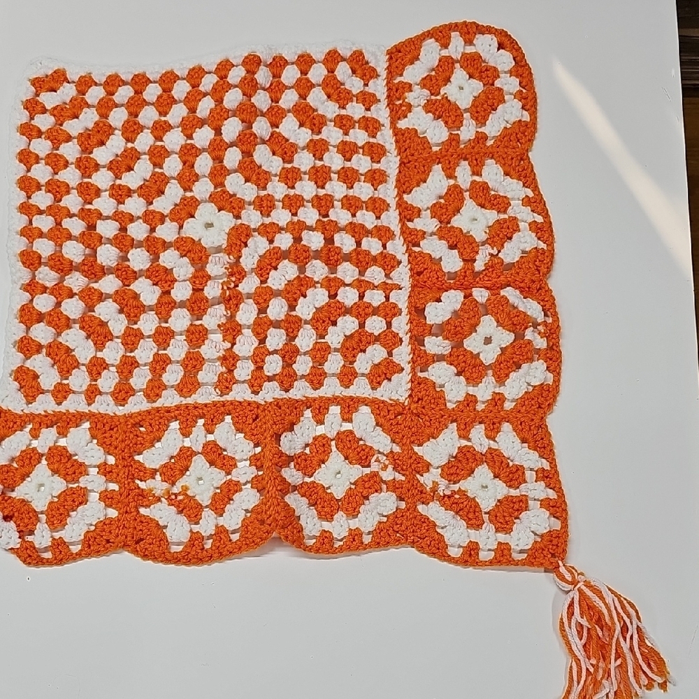 Handmade Orange and White Crochet Granny Square Doily